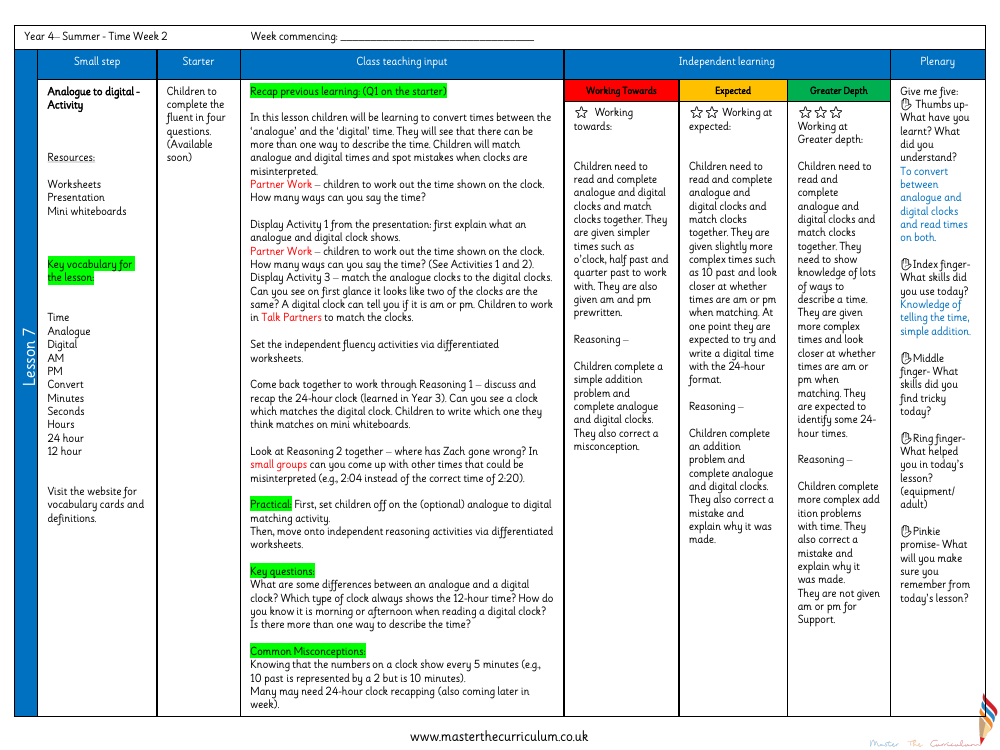 Time - Analogue to Digital - Activity- Planning