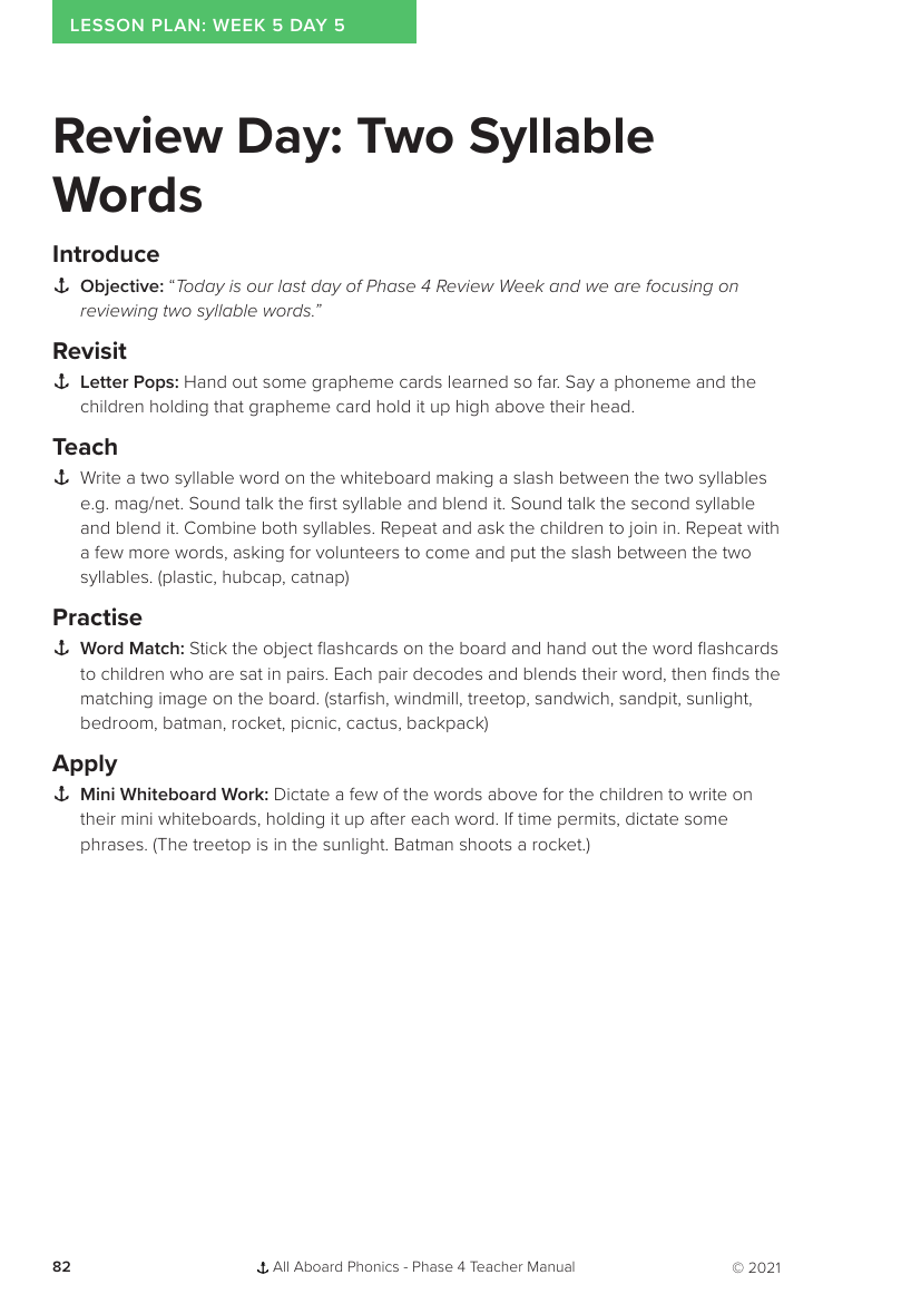 Week 5, lesson 5 Review Day: Two-Syllable Words - Phonics Phase 4 - Lesson plan