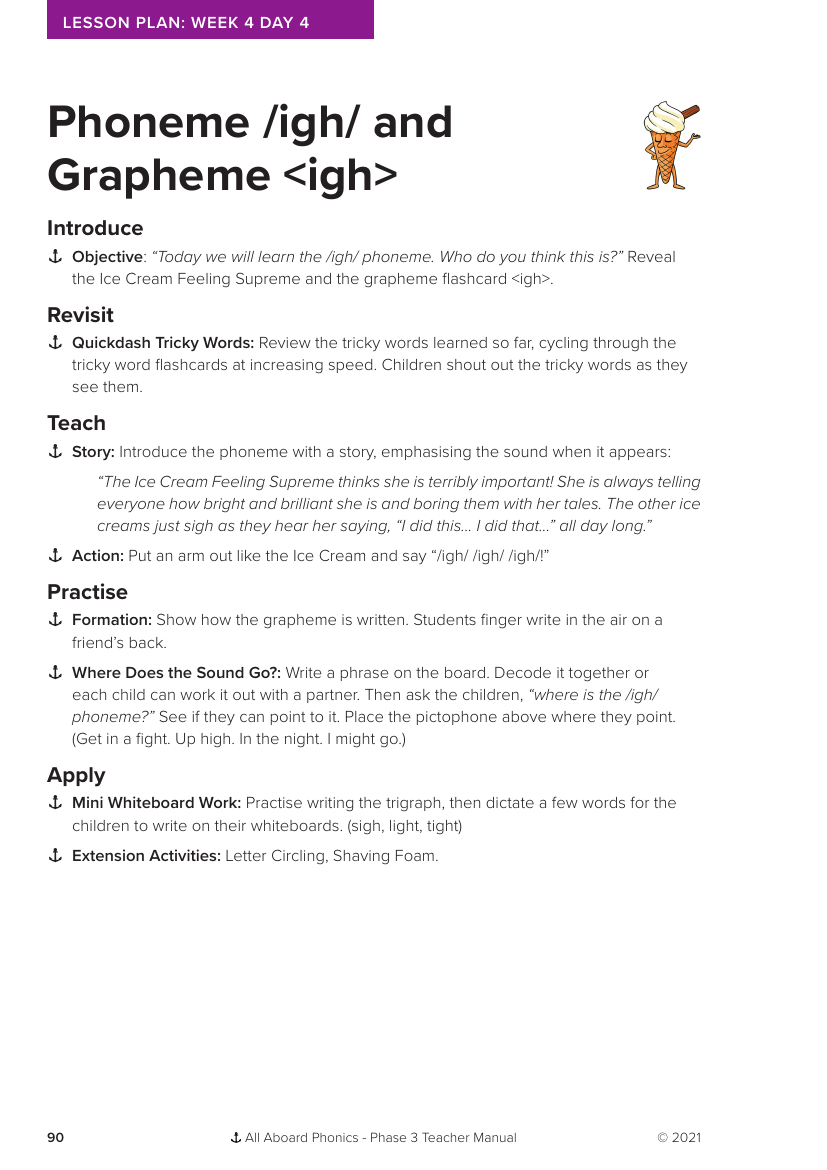 Week 4, lesson 4 Phoneme "igh" and Grapheme "igh" - Phonics Phase 3 - Lesson plan