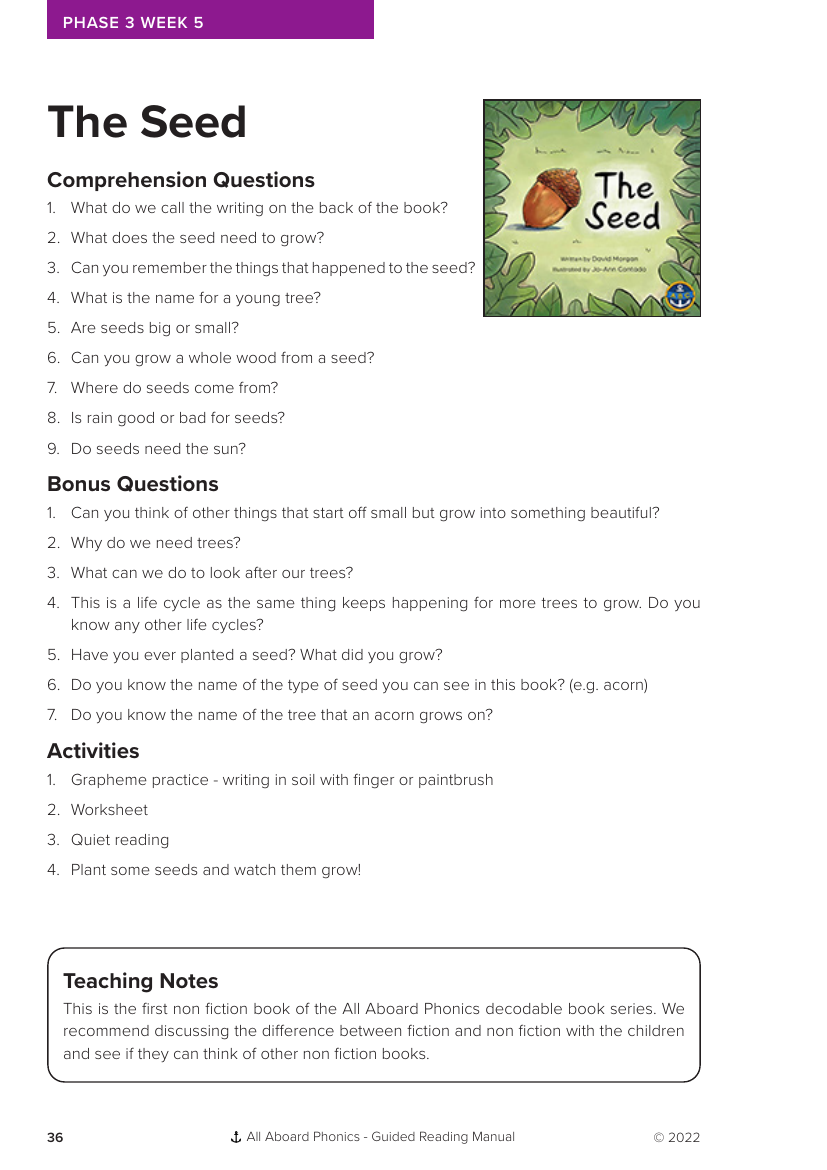 Week 5, Guided reading "The Seed" - Phonics Phase 3 - Worksheet