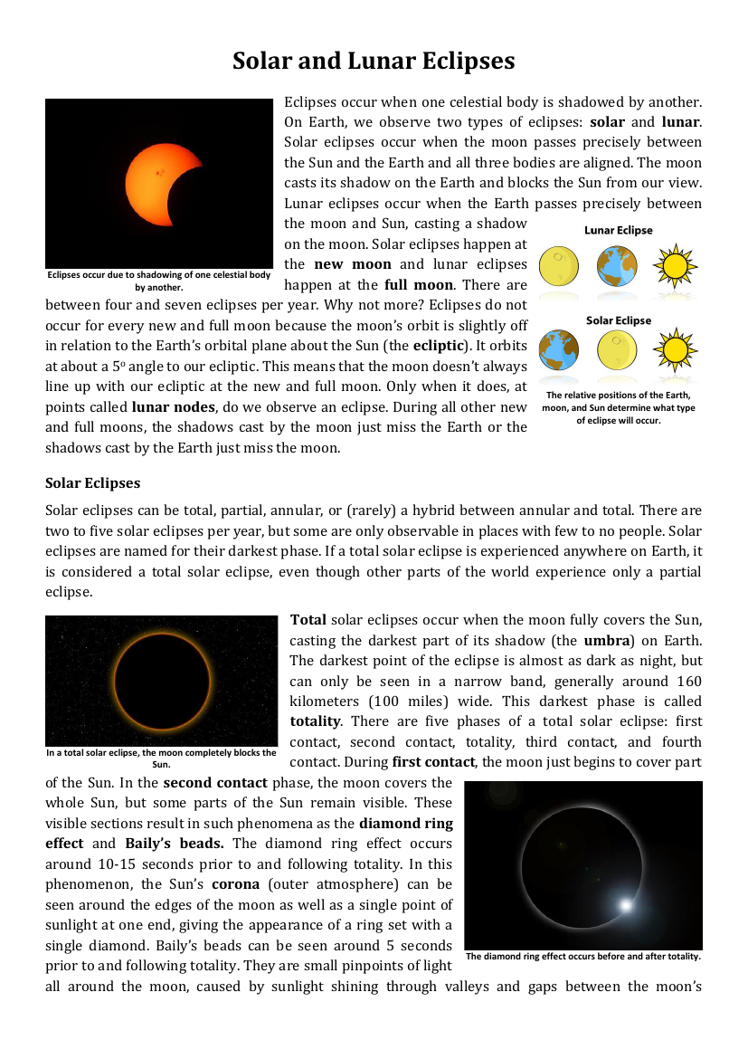 Solar and Lunar Eclipses - Reading with Comprehension Questions