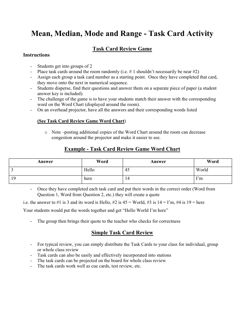 Mean, Median, Mode and Range - Task Cards Activity