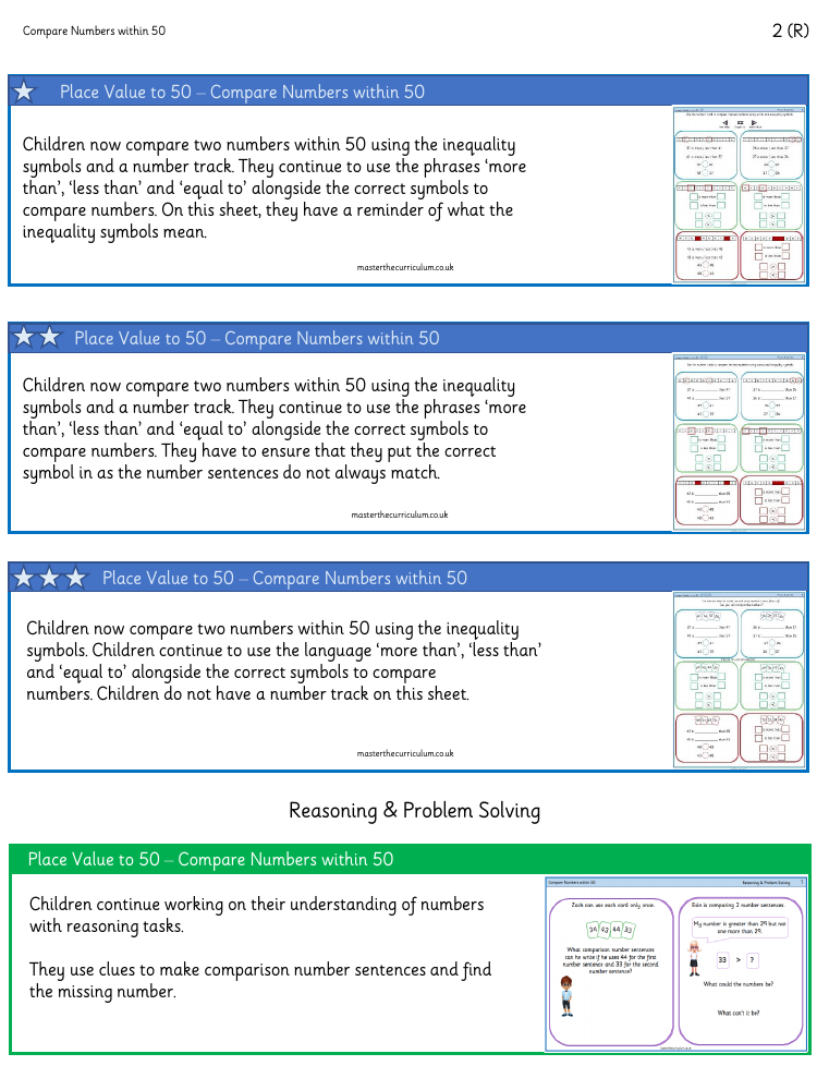 Place value - Comparing numbers within 50 - Worksheet