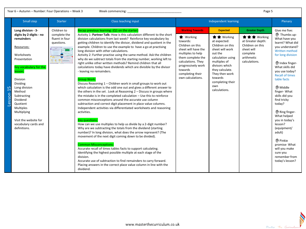 Addition, Subtraction, Multiplication and Division - Long division - 3-digits by 2-digits  (no remainders) - Planning