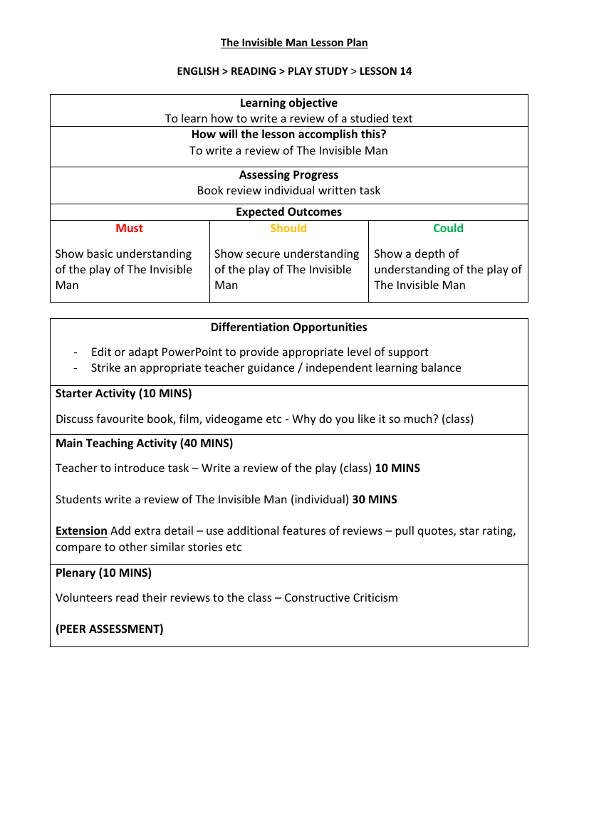 The Invisible Man - Lesson 14 - Lesson Plan