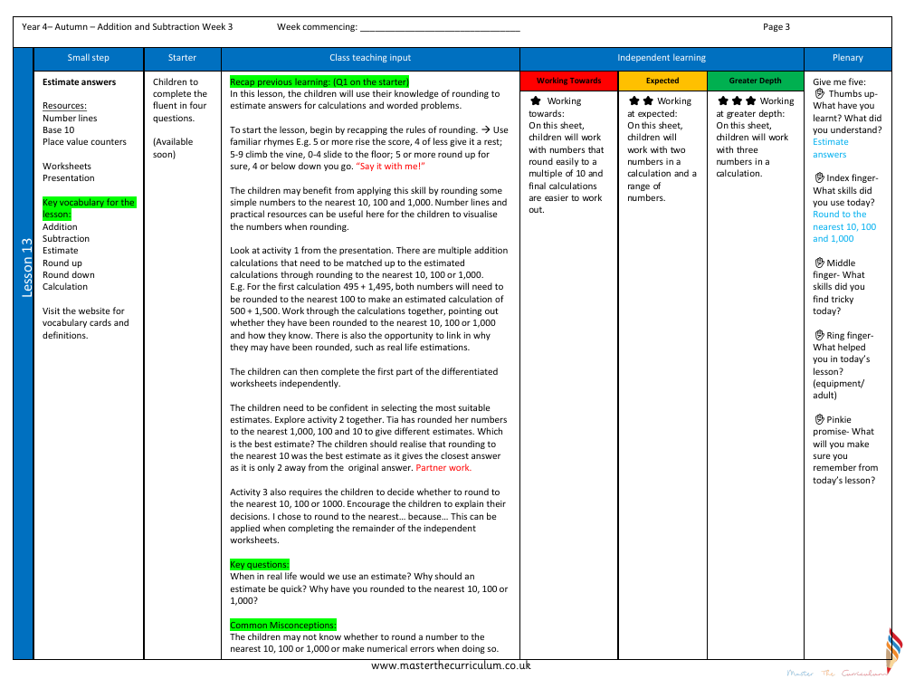 Addition and Subtraction - Estimate answers - Planning