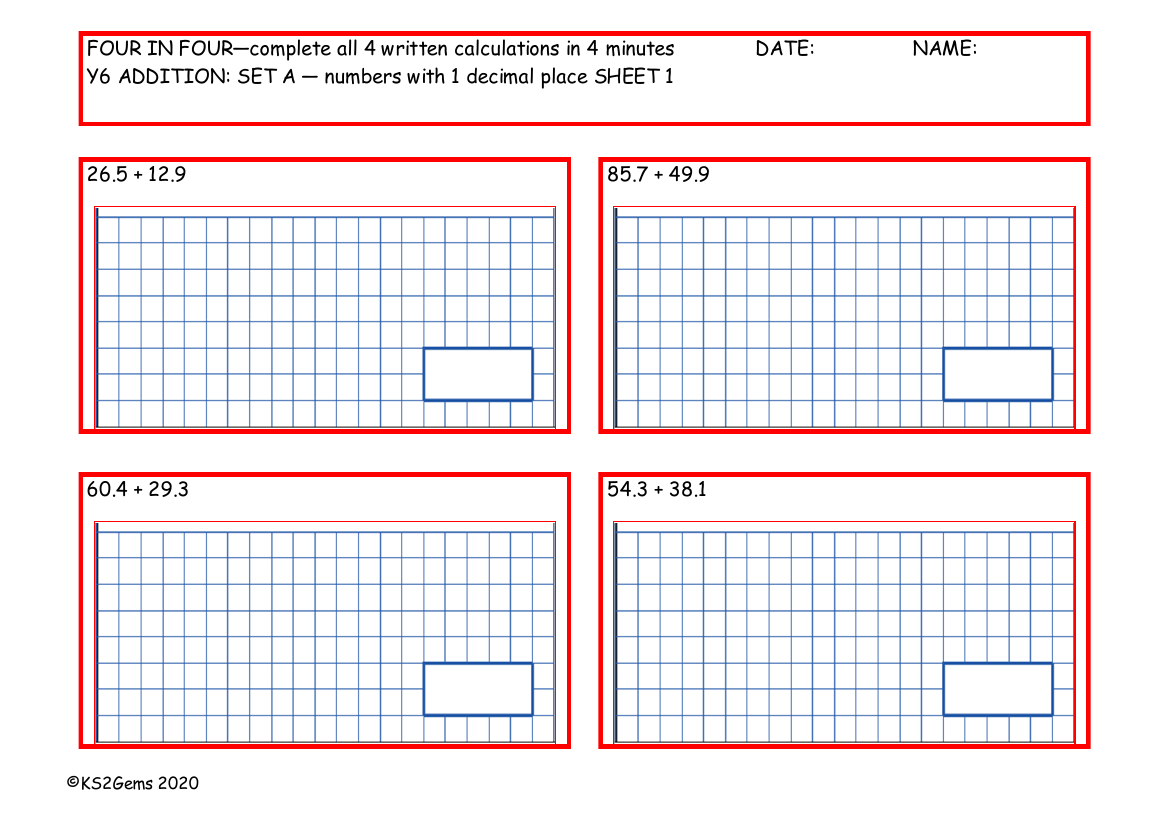 Four in Four - Addition Set A - numbers with 1 decimal place