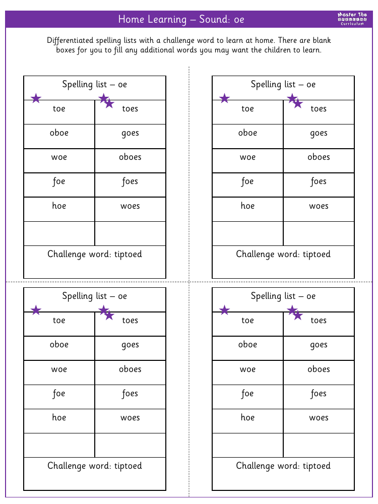 Spelling - Home learning - Sound oe