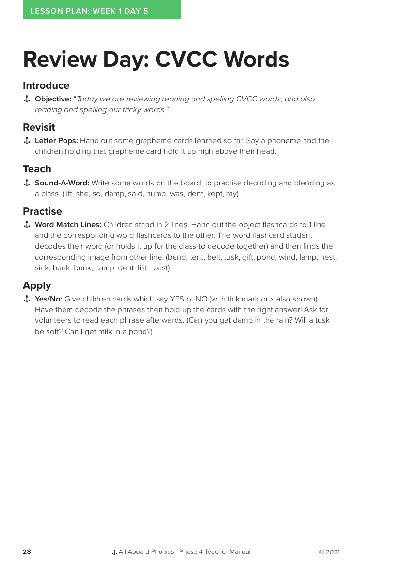 Week 1, lesson 5 Review Day: CVCC Words - Phonics Phase 4 - Lesson plan