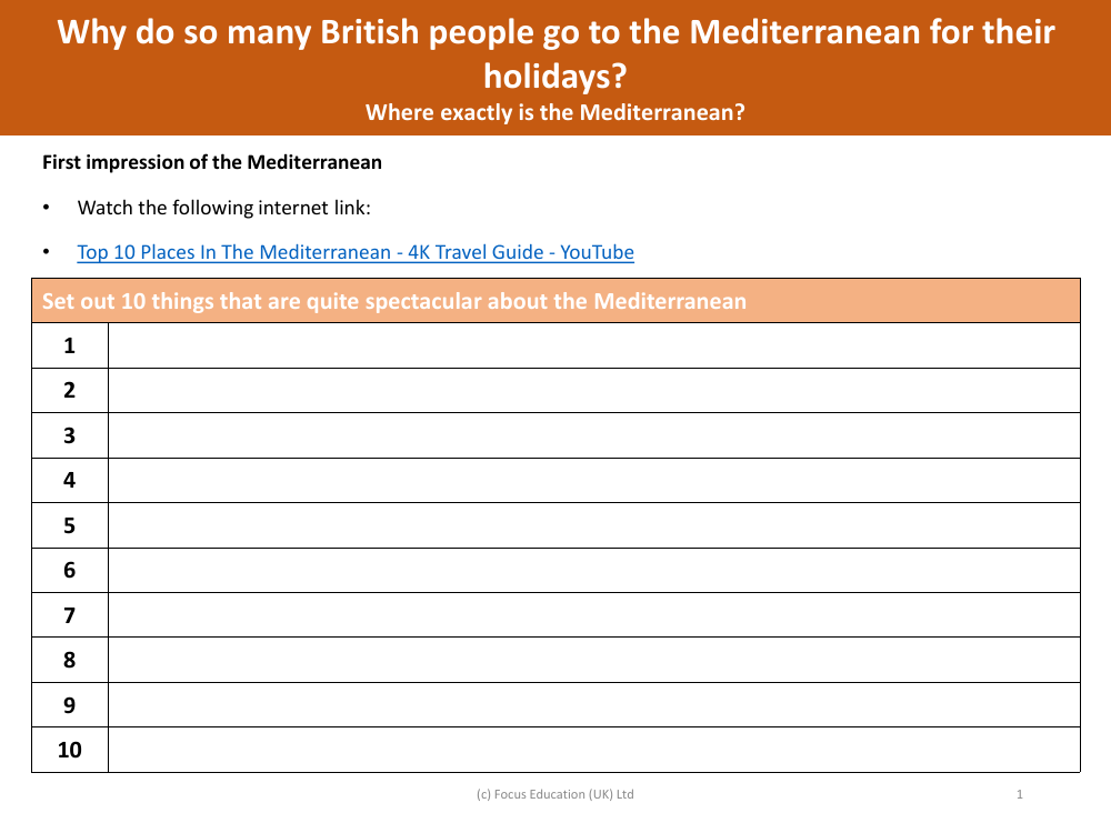 10 spectacular things about the Mediterranean - Note sheet