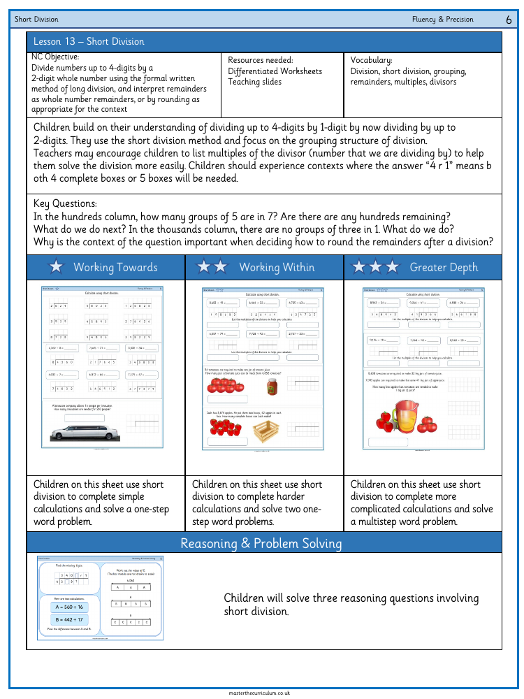 Addition, Subtraction, Multiplication and Division - Short Division - Worksheet