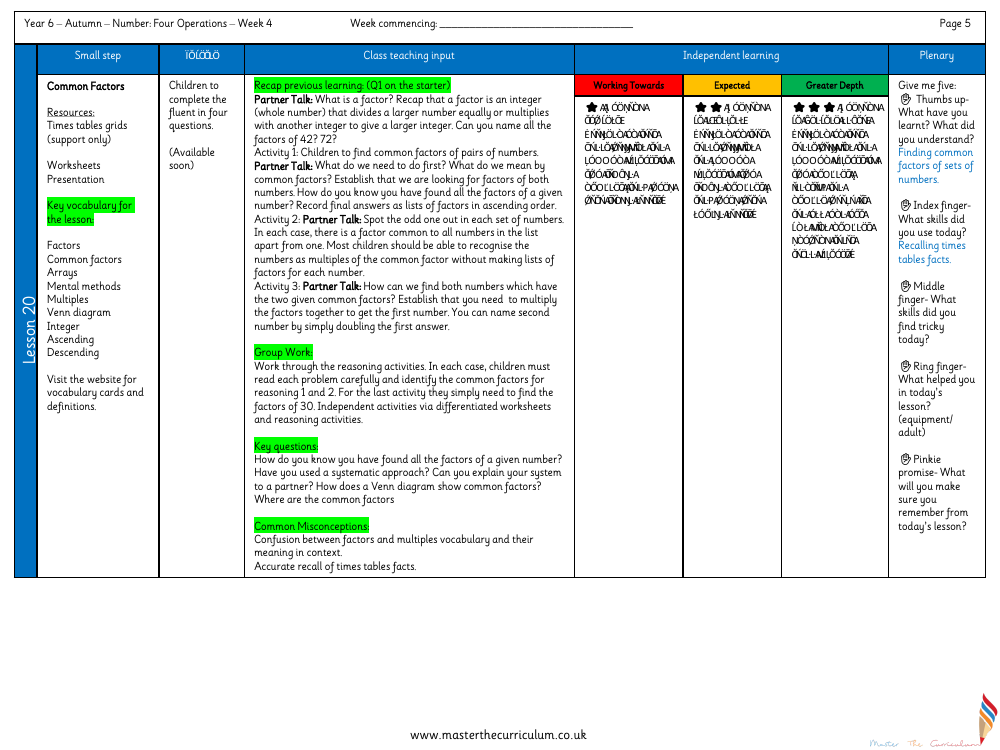 Addition, Subtraction, Multiplication and Division - Common Factors - Planning