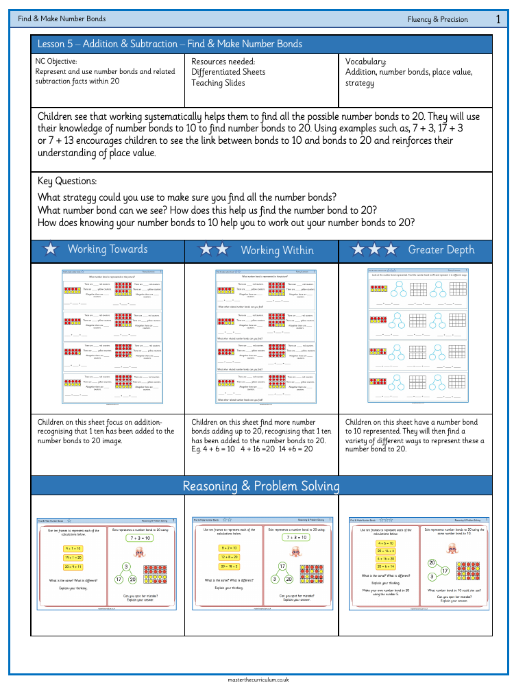 Addition and subtraction within 20 - Find and make number bonds - Worksheet