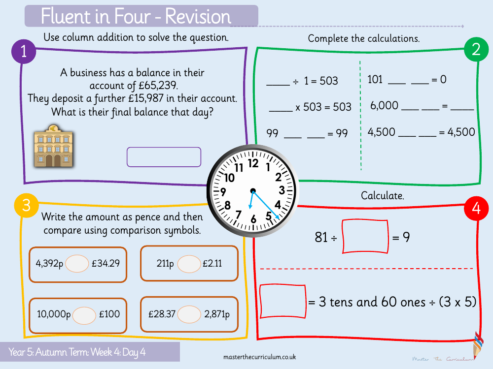 Addition and Subtraction - Subtract two 4-digit numbers (one exchange) - Starter