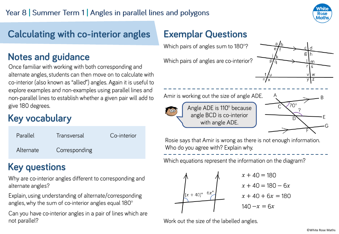 Calculating with co-interior angles | Maths