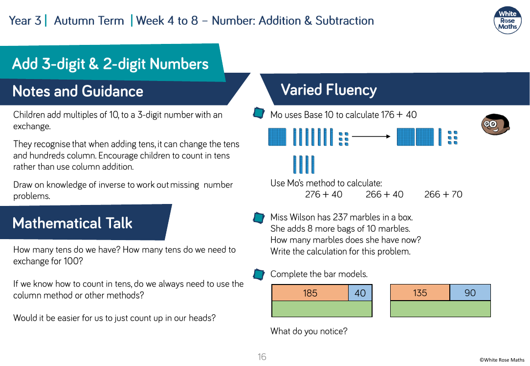 Add 3-digit and 2-digit numbers â€” crossing 100: Varied Fluency