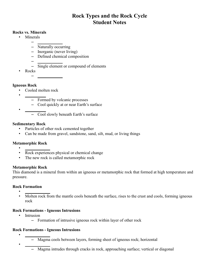 Rock Types and the Rock Cycle - Student Lesson Outline