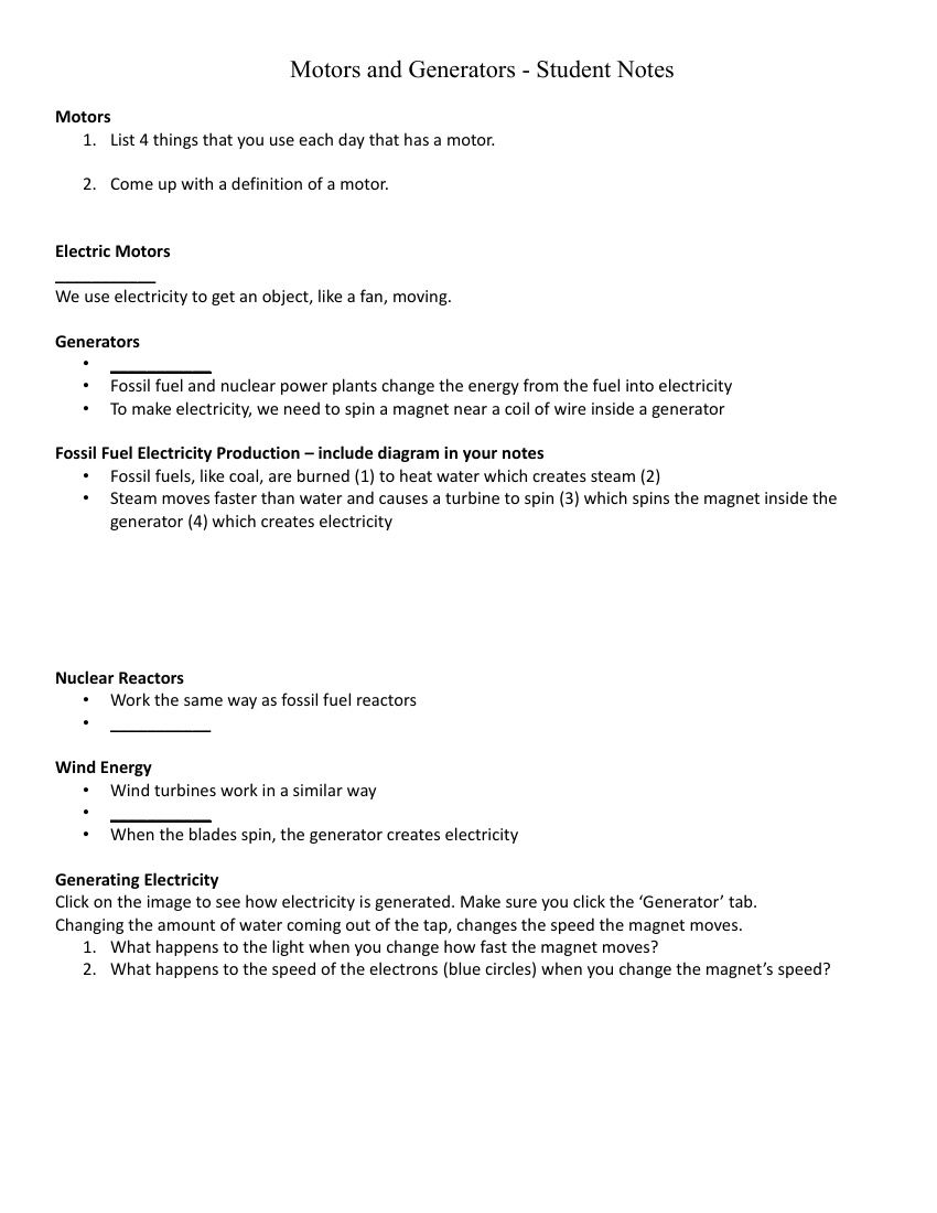 Electric Motors and Generators - Student Lesson Outline