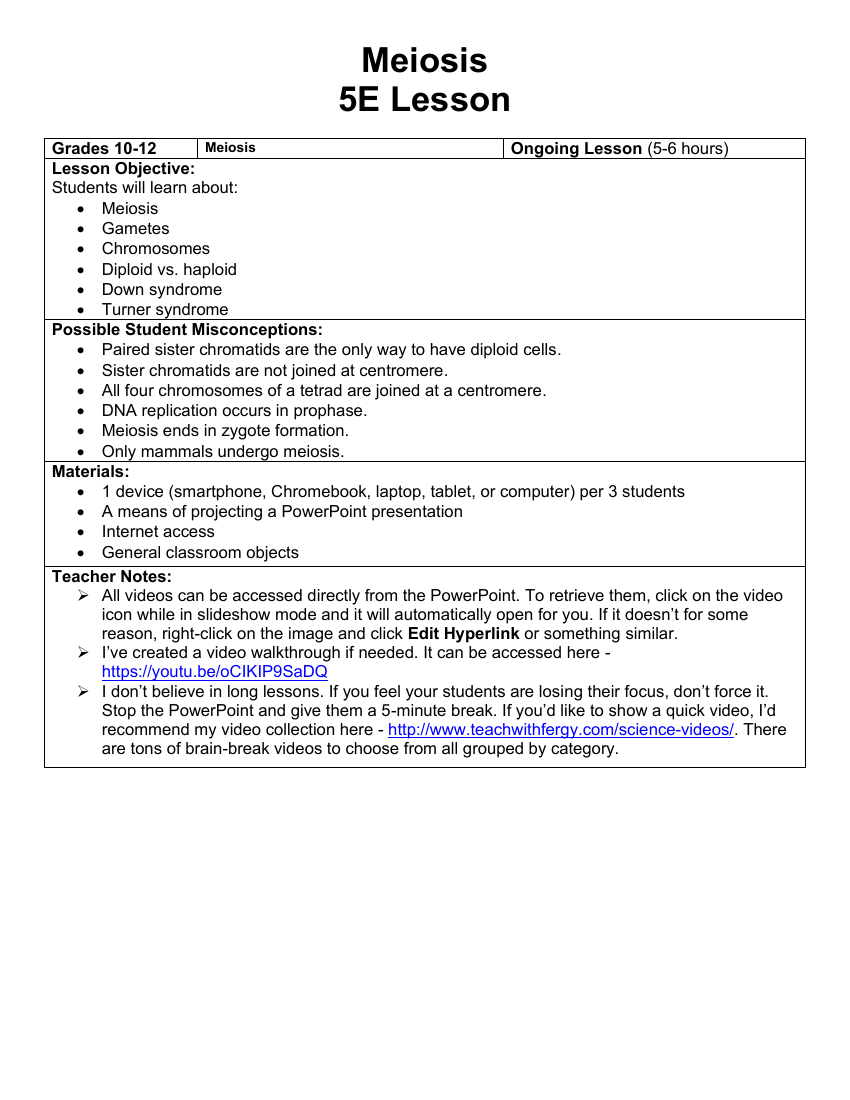 Meiosis - Teaching Timeline