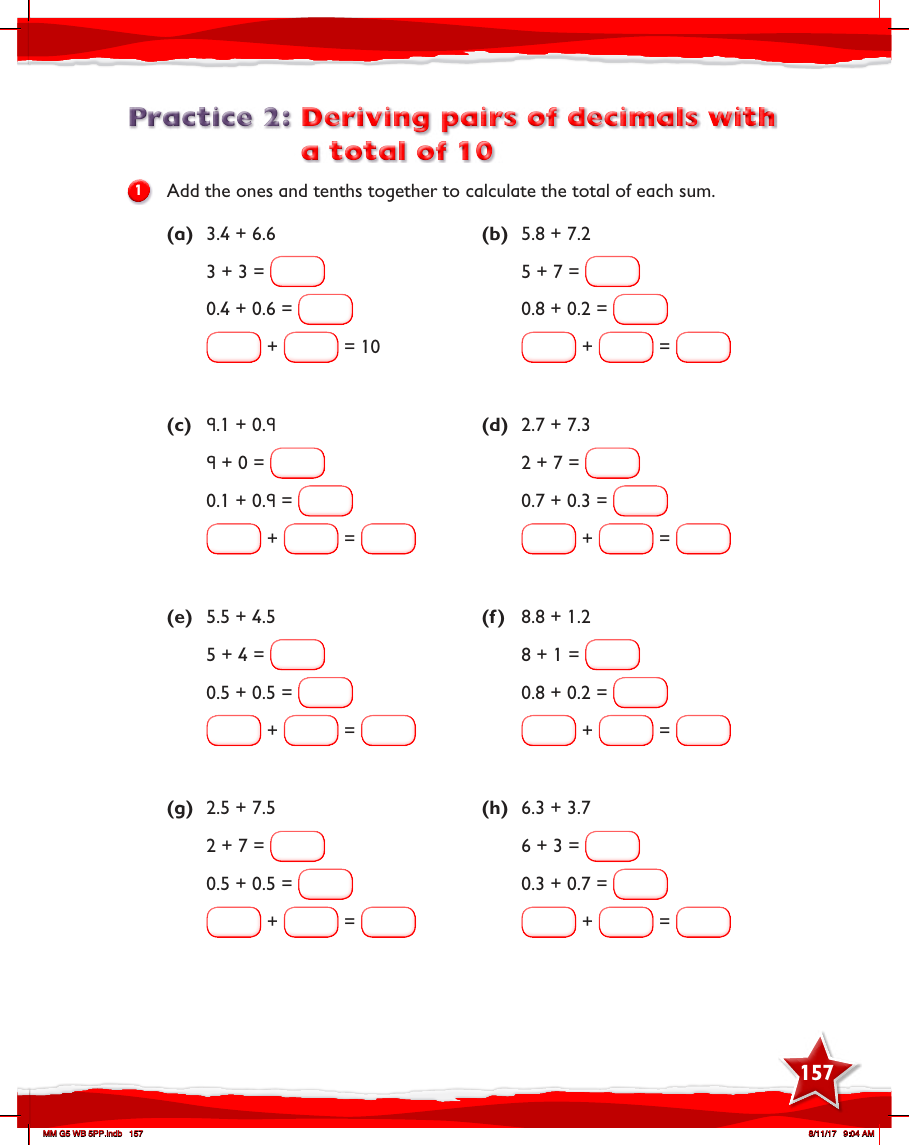 Max Maths, Year 5, Work Book, Review of finding pairs of 1-place decimals with a total of 1