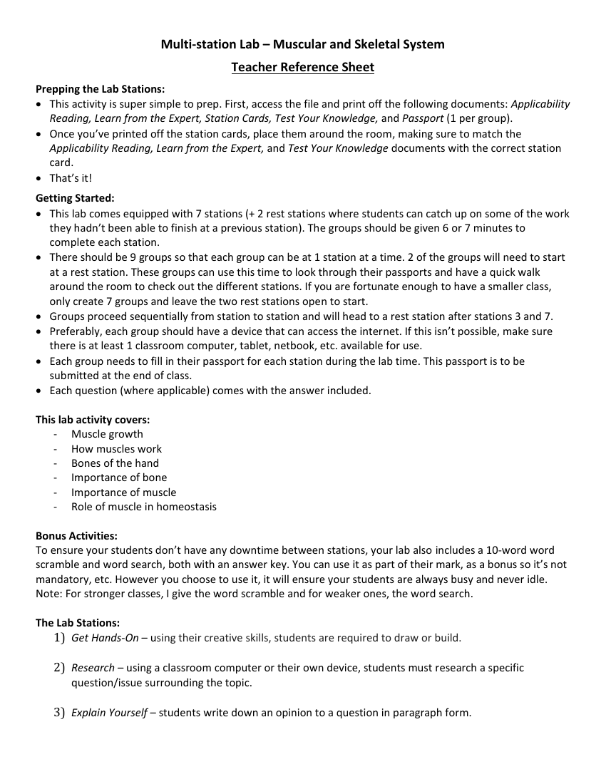 Muscular and Skeletal System - Activity Instructions