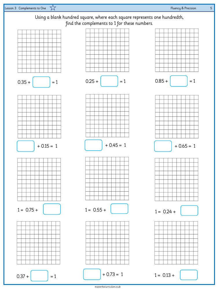 Decimals - Complements to 1 - Worksheet