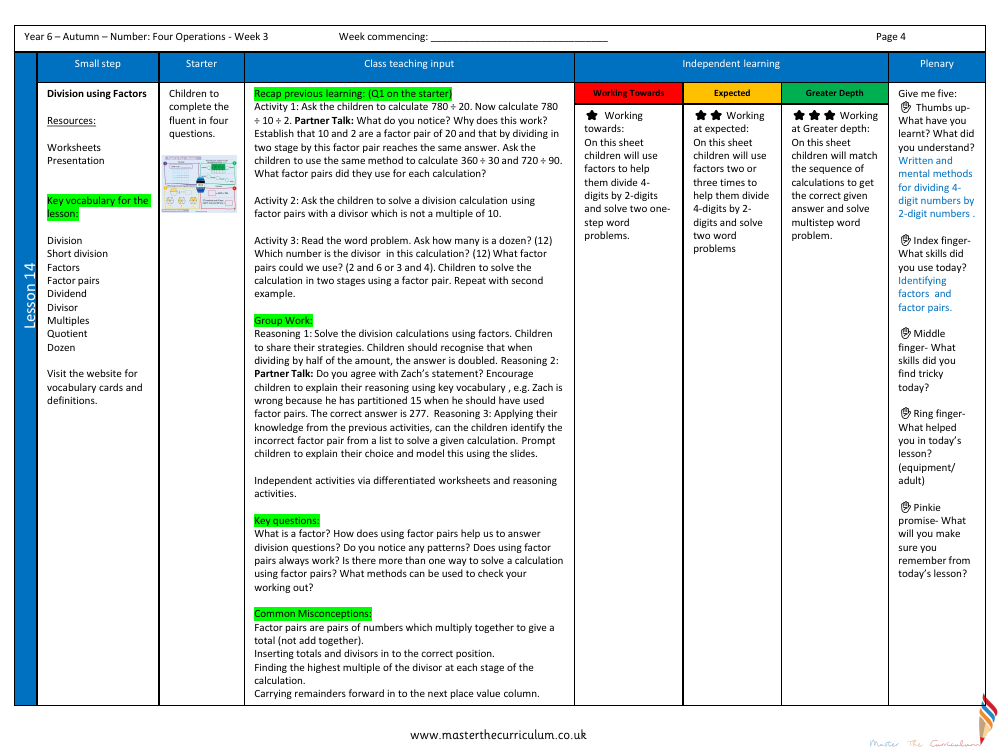 Addition, Subtraction, Multiplication and Division - Division using Factors - Planning