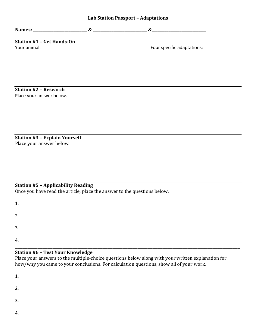 Physical and Behavioral Adaptations - Lab Station Passport