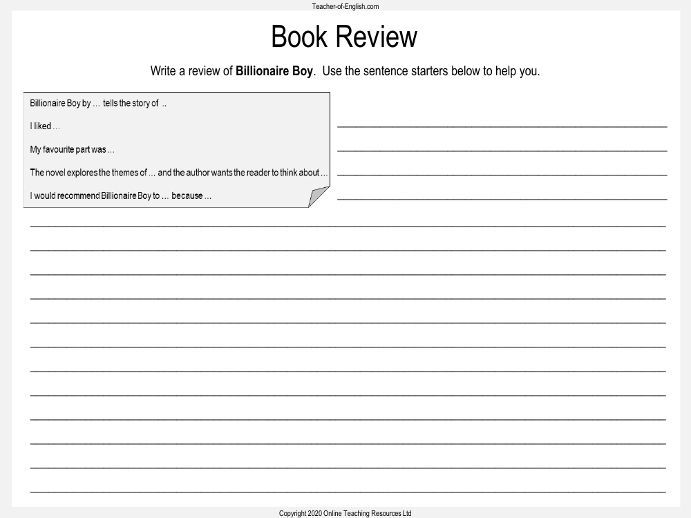 Billionaire Boy - Lesson 13 - Book Review Worksheet