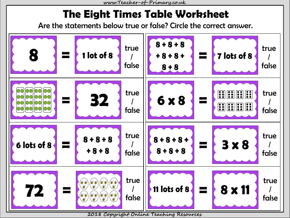 Eight Times Table Snap - Worksheet