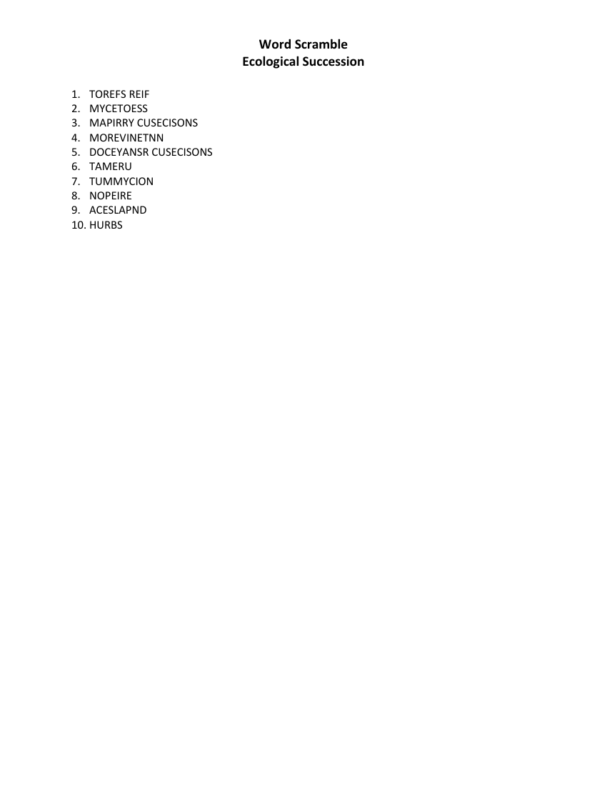 Ecological Succession - Word Scramble