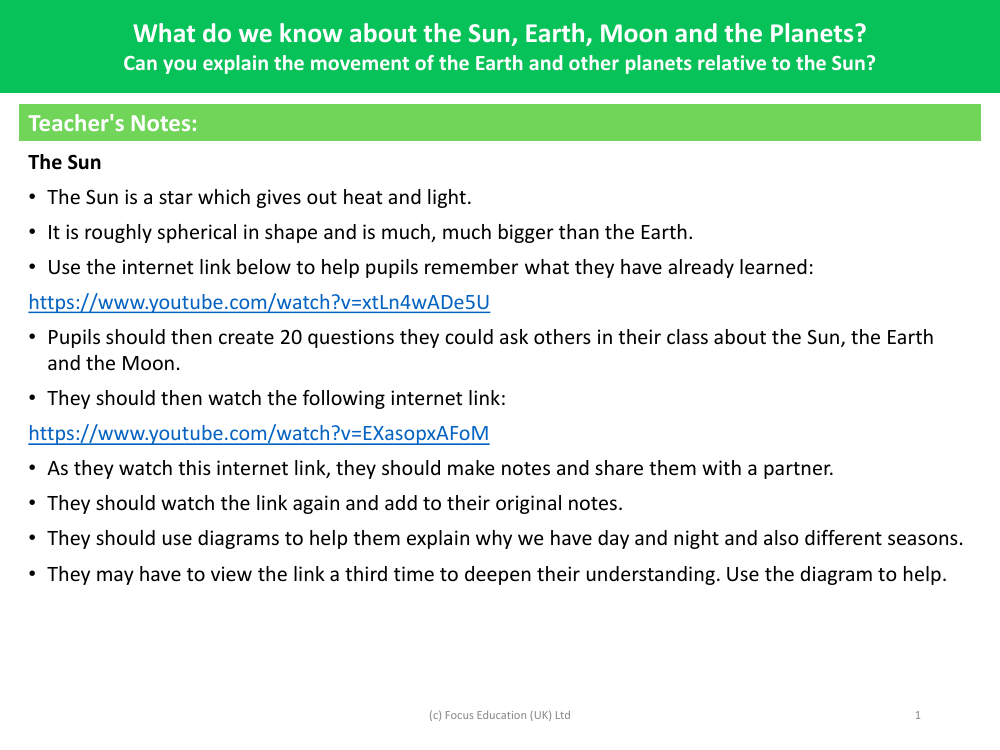 How can you explain the movement of the Earth and other planets relative to the sun? - Teacher notes