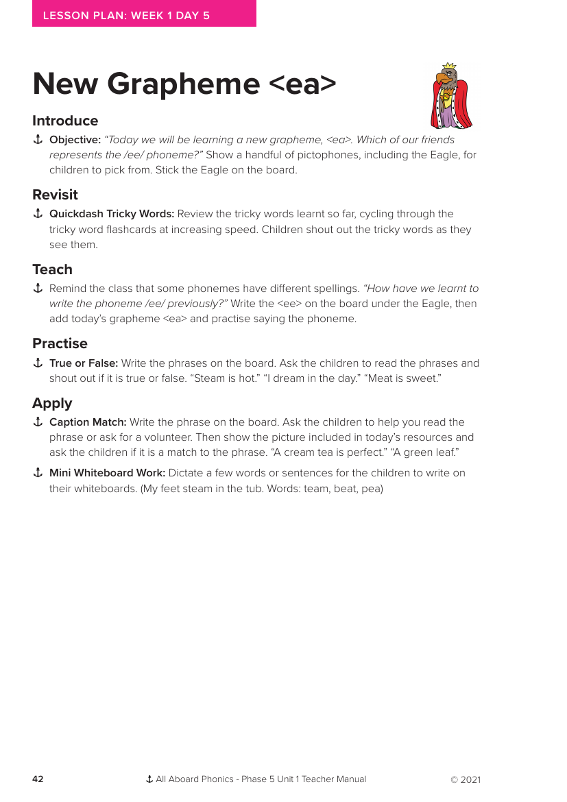 Week 1, lesson 5 New Grapheme "ea" - Phonics Phase 5, unit 1 - Lesson plan