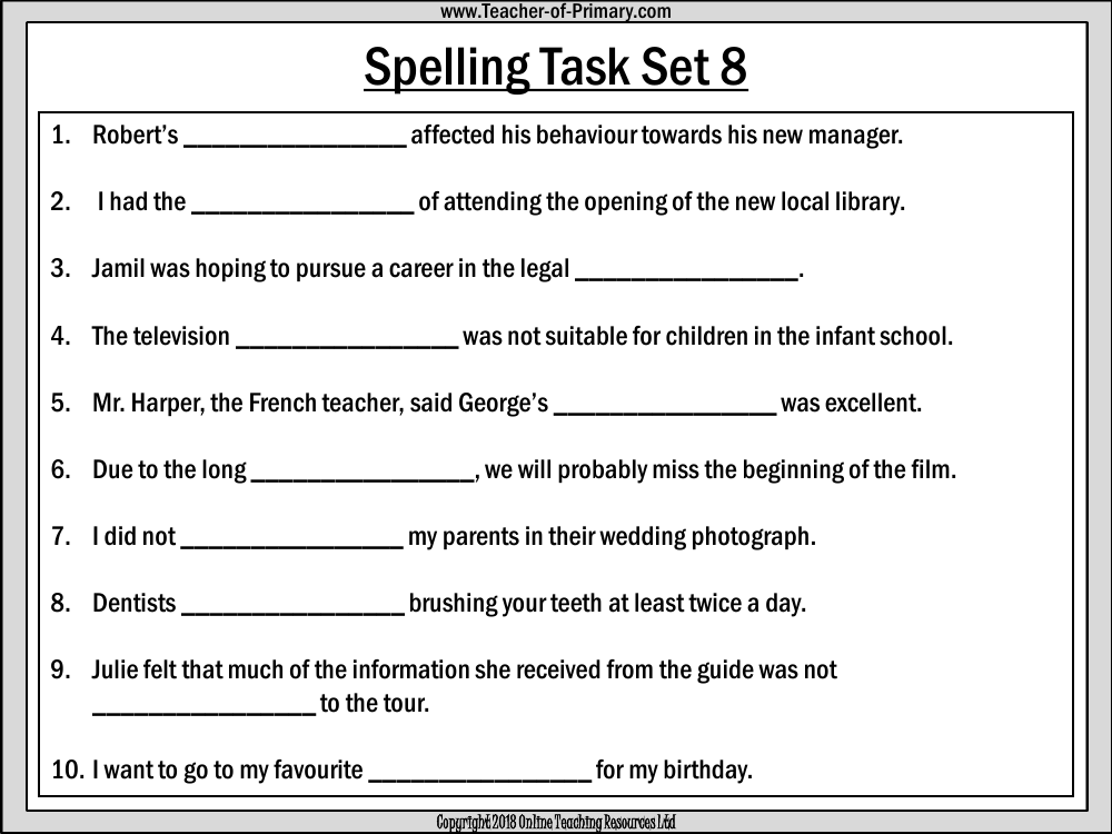 Spellings - Set 8 Worksheet