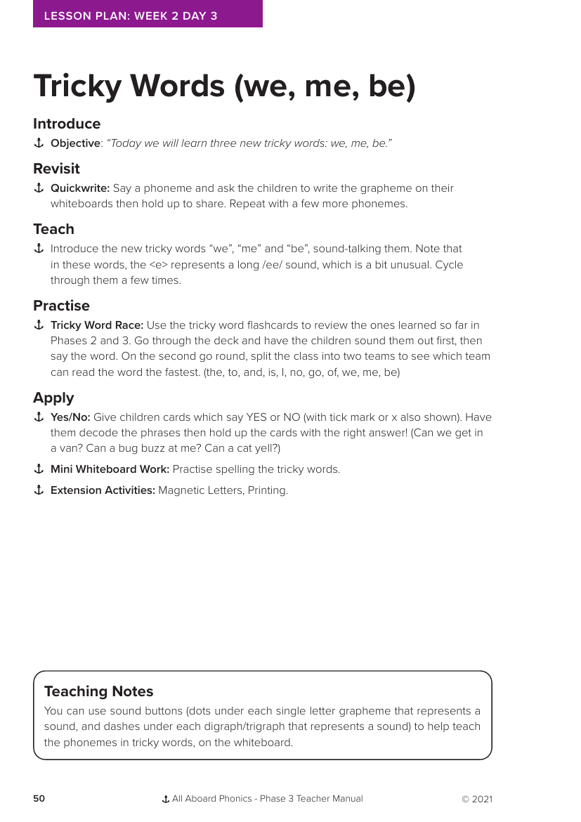 Week 2, lesson 3 Tricky words (we,me,be)  - Phonics Phase 3 - Lesson plan