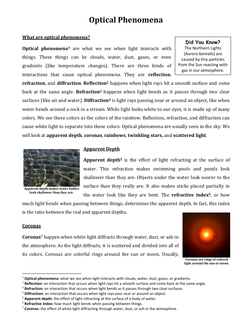 Optical Phenomena - Reading with Comprehension Questions 2