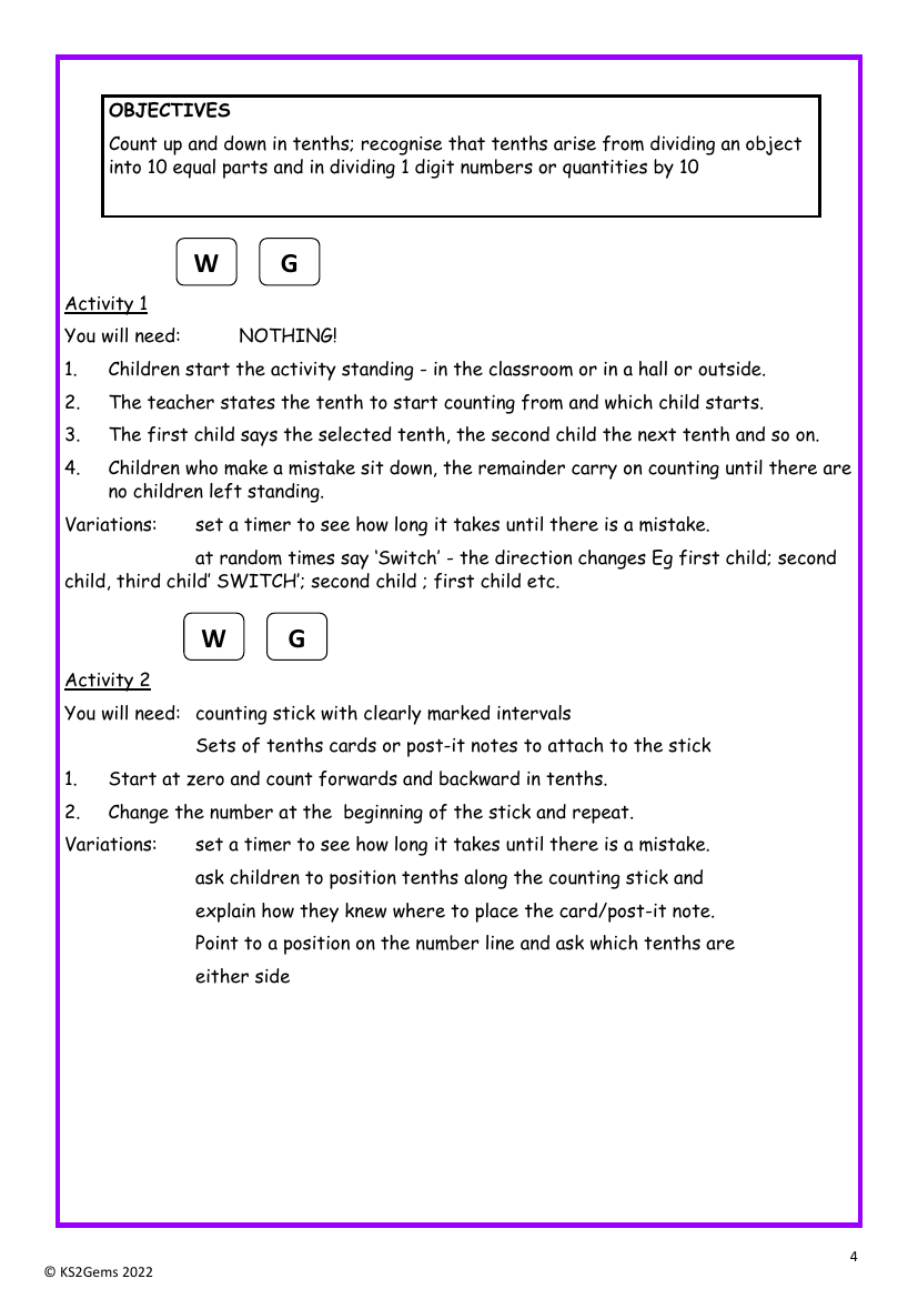 Count up and down in tenths worksheet