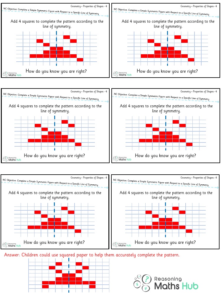 Complete a simple symmetric figure with respect to a specific line of symmetry 4 - Reasoning