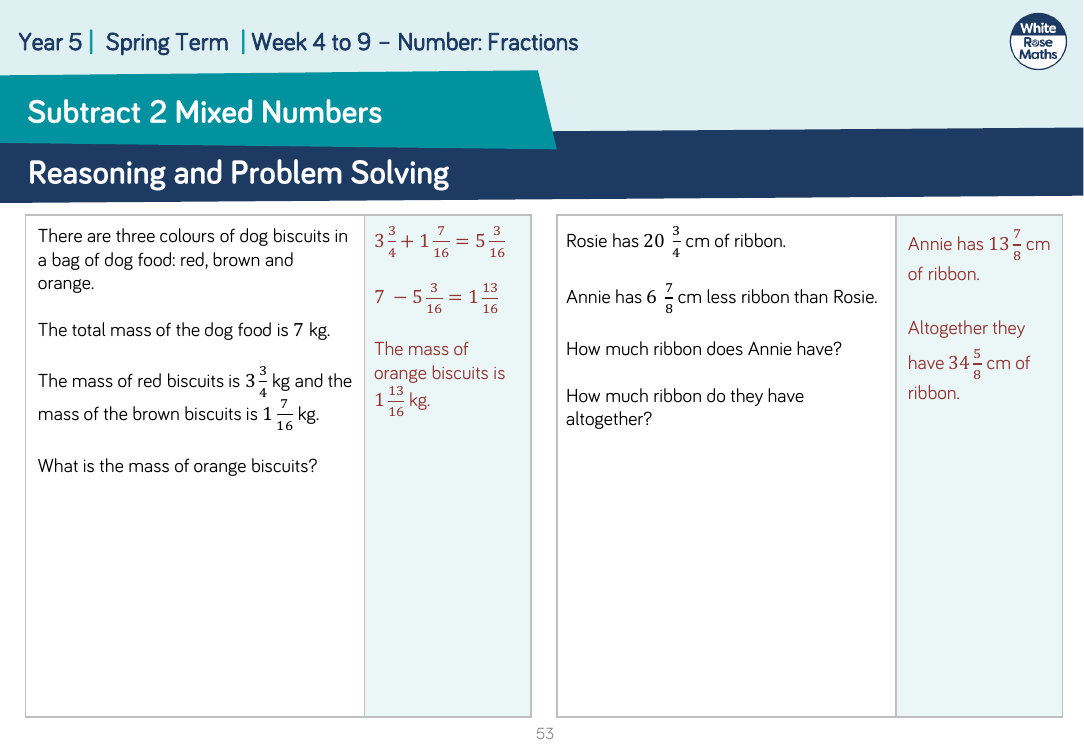 Subtract 2 Mixed Numbers: Reasoning and Problem Solving
