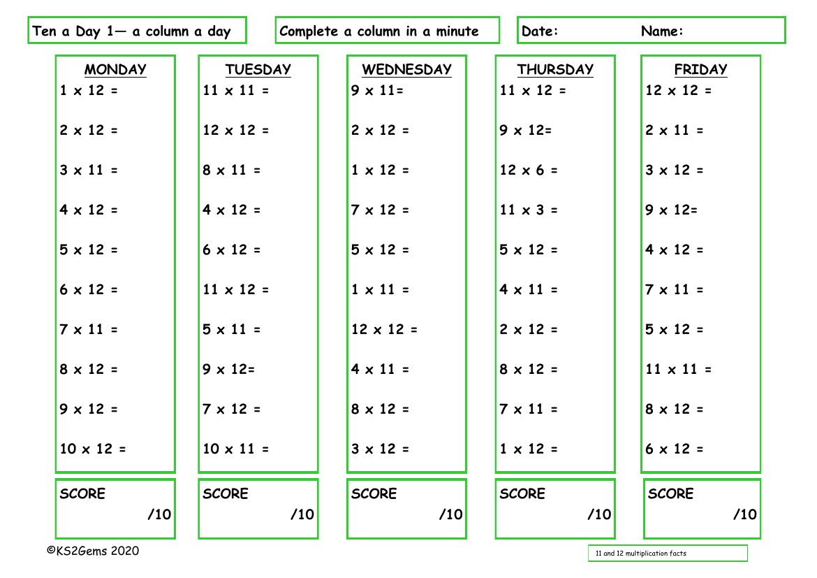 Ten a Day 11 and 12 Times Table