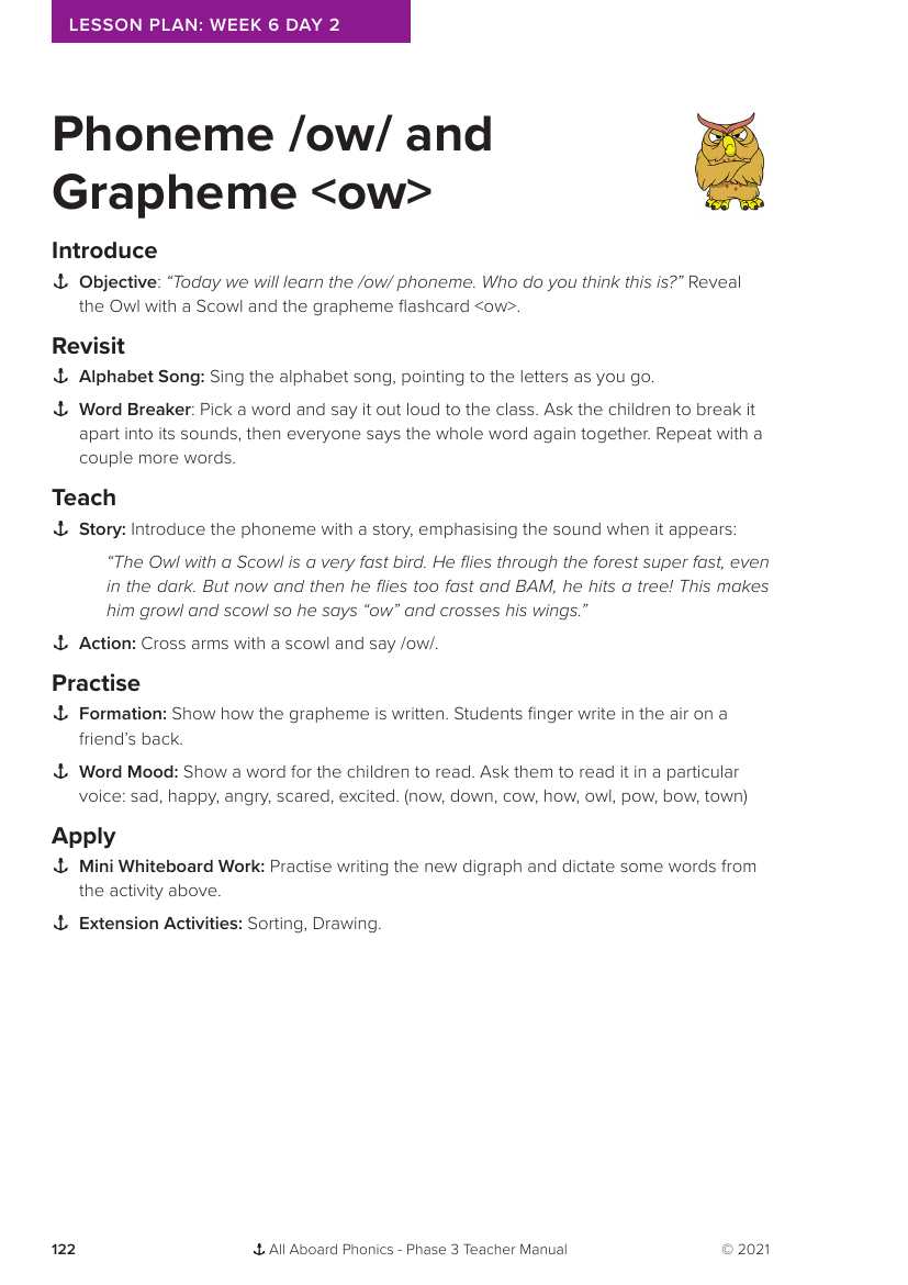 Week 6, lesson 2 Phoneme "ow" and Grapheme "ow" - Phonics Phase 3 - Lesson plan