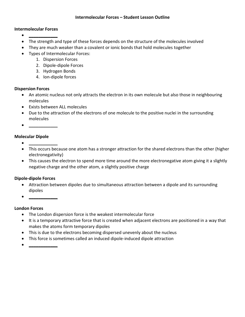 Intermolecular Forces - Student Lesson Outline