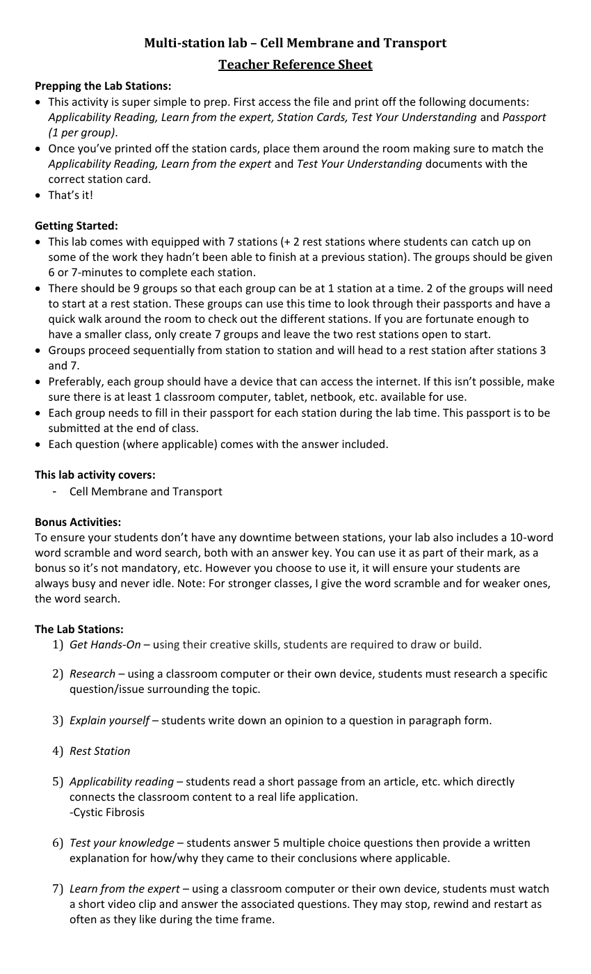 Cell Membrane and Transport - Activity Instructions | Science 7th Grade