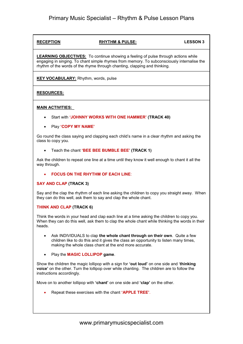 Rhythm and Pulse Lesson Plan - Reception Lesson 3