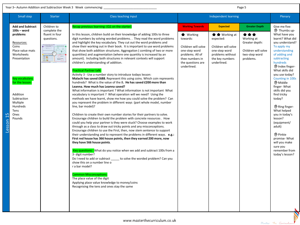 Addition and subtraction - Add and subtract 100s word problems - Planning