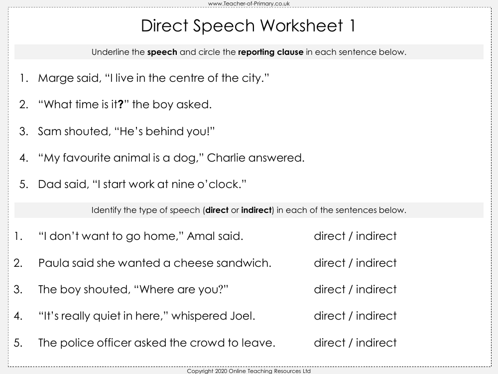direct speech worksheets pdf
