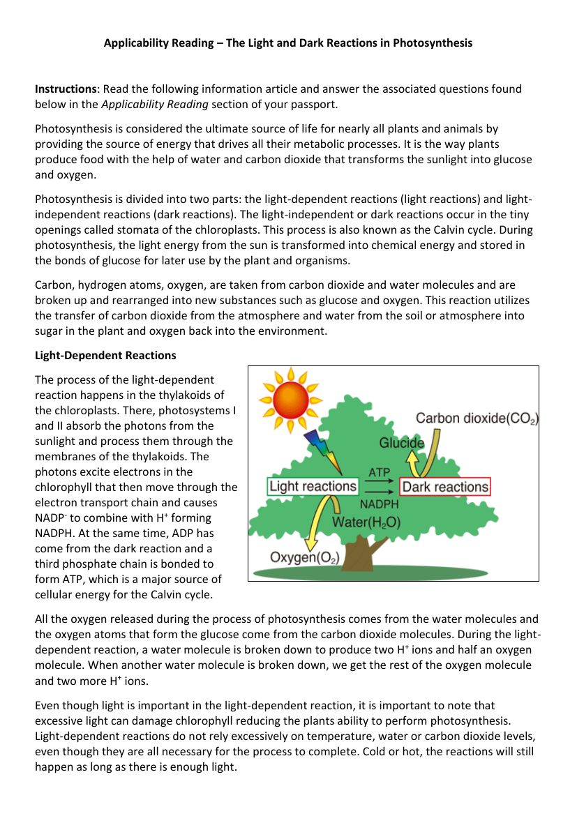 Photosynthesis - Applicability Reading