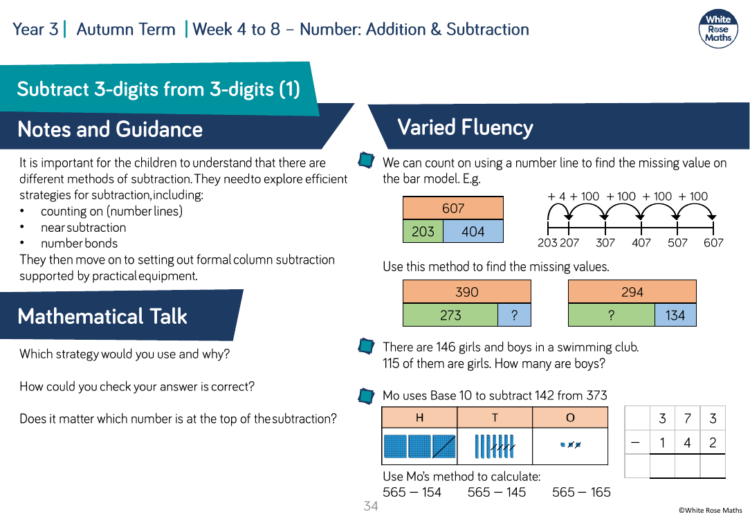 Subtract a 3-digit number from a 3-digit number â€” no exchange: Varied Fluency