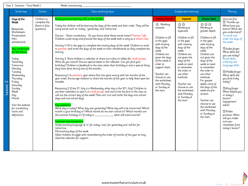 Time - Days of the week - Planning