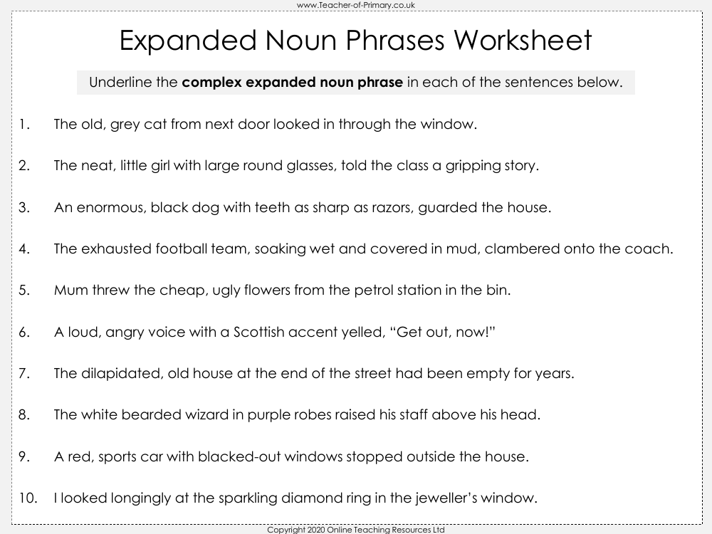 Expanded Noun Phrases - Worksheet